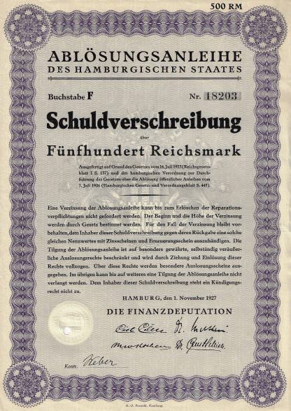 Ablösungsanleihe des Hamburgischen Staates, Buchstabe F, Schuldverschreibung