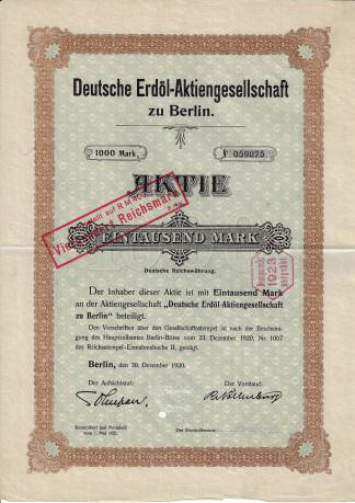 Deutsche Erdöl-Aktiengesellschaft zu Berlin, 1920, 1000 Mark, DEA (heute Shell)