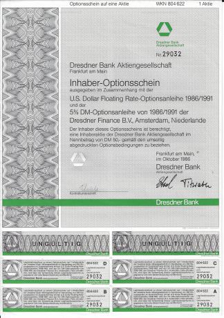 Dresdner Bank Aktiengesellschaft, Frankfurt am Main, Optionsschein von 1986