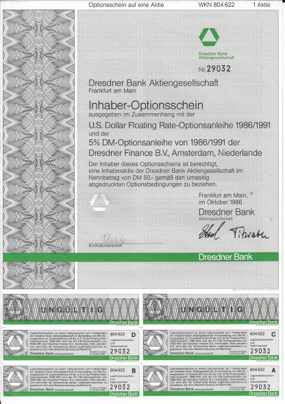 Dresdner Bank Aktiengesellschaft, Frankfurt am Main, Optionsschein von 1986