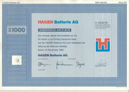 Hagen Batterie AG, 1983, 1000 DM
