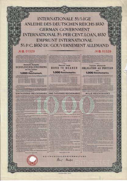 Internationale 5,5%ige Anleihe des Deutschen Reichs 1930 (Young-Anleihe) - Deutsche Ausgabe