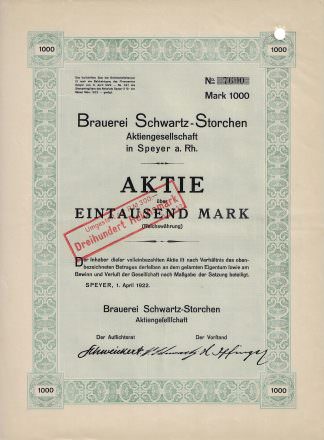 Brauerei Schwartz-Storchen Aktiengesellschaft in Speyer a. Rhein, 1922