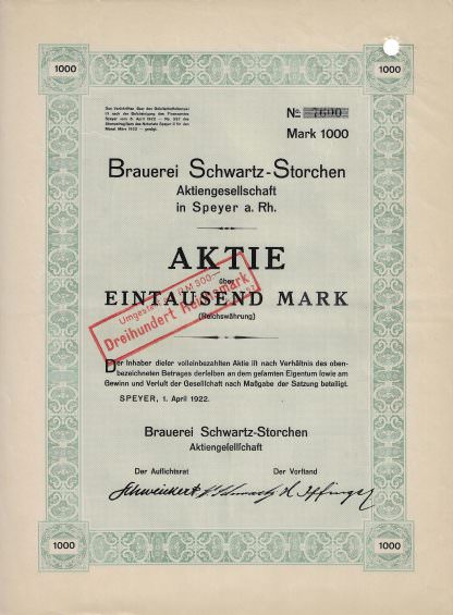 Brauerei Schwartz-Storchen Aktiengesellschaft in Speyer a. Rhein, 1922