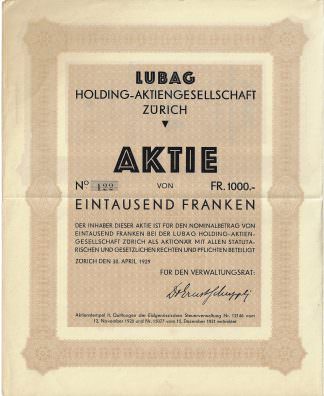 Lubag Holding-Aktiengesellschaft Zürich, 1929