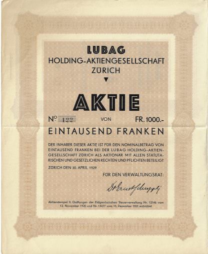 Lubag Holding-Aktiengesellschaft Zürich, 1929