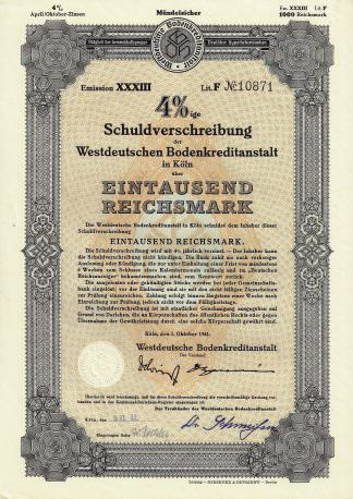 4%ige Schuldverschreibung der Westdeutschen Bodenkreditanstalt in Köln, 1941