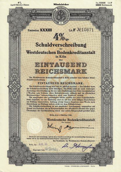 4%ige Schuldverschreibung der Westdeutschen Bodenkreditanstalt in Köln, 1941