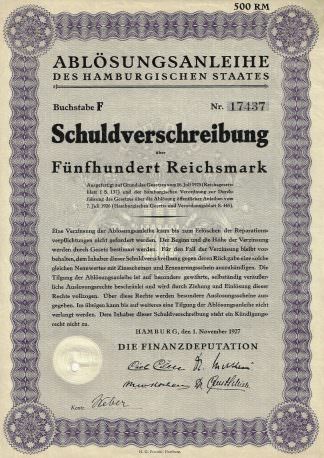 Ablösungsanleihe des Hamburgischen Staates, Buchstabe F (500 RM), 1927