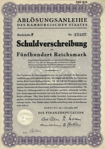 Ablösungsanleihe des Hamburgischen Staates, Buchstabe F (500 RM), 1927
