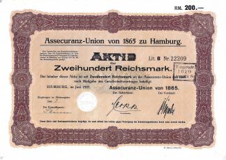 Assecuranz-Union von 1865 zu Hamburg, 200 RM, 1927