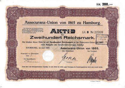 Assecuranz-Union von 1865 zu Hamburg, 200 RM, 1927