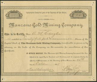 Manzano Gold Mining Company, New Mexico, 1888