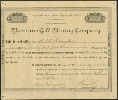 Manzano Gold Mining Company, New Mexico, 1888