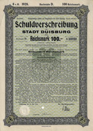 Schuldverschreibung der STADT DUISBURG, Buchstabe D, 1928