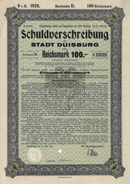 Schuldverschreibung der STADT DUISBURG, Buchstabe D, 1928
