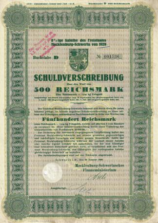 8%ige Anleihe des Freistaates Mecklenburg-Schwerin von 1929, Buchstabe D (500 RM)