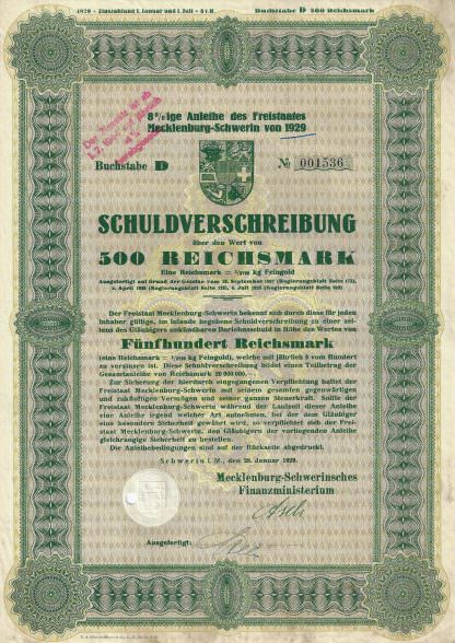 8%ige Anleihe des Freistaates Mecklenburg-Schwerin von 1929, Buchstabe D (500 RM)