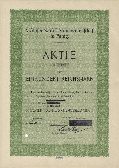 A. Glaser Nachfl. Aktiengesellschaft in Penig, 100 RM (1932)