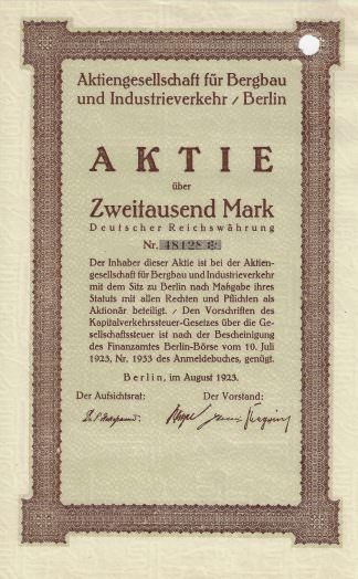 Aktiengesellschaft Für Bergbau und Industrieverkehr / Berlin (1923)