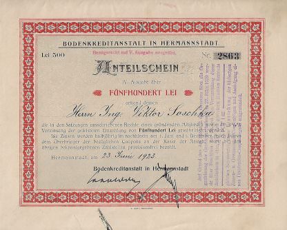 Bodenkreditanstalt in Hermannstadt, 1923