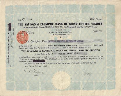 The Savings & Economic Bank of Bihar Limited, Oradea (1929)