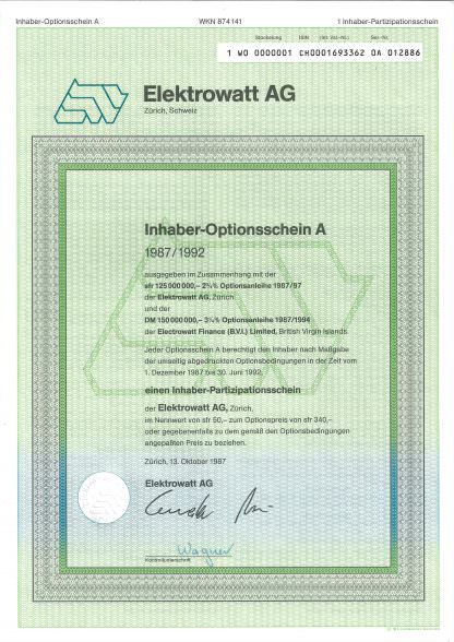 Elektrowatt AG, Inhaber-Optionsschein A, Zürich, Schweiz (1987)