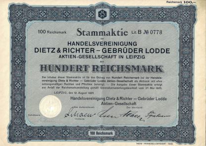 Handelsvereinigung Dietz & Richter - Gebrüder Lodde Aktien-Gesellschaft in Leipzig, 1925