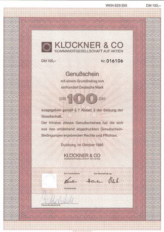 Klöckner & Co Kommanditgesellschaft auf Aktien, Genußschein, 100 DM, 1986