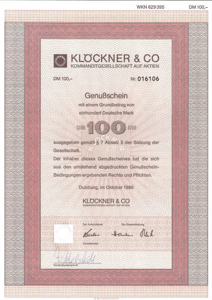 Klöckner & Co Kommanditgesellschaft auf Aktien, Genußschein, 100 DM, 1986