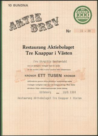 Restaurang Aktiebolaget Tre Knappar i. Västen, 1968