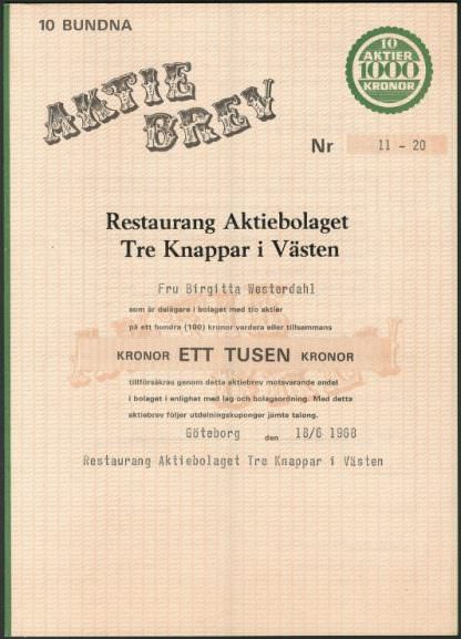 Restaurang Aktiebolaget Tre Knappar i. Västen, 1968