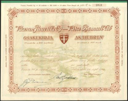 Vaasan Puuvilla - Vasa Bomull Ab Osakekirja Aktiebrev, 1949