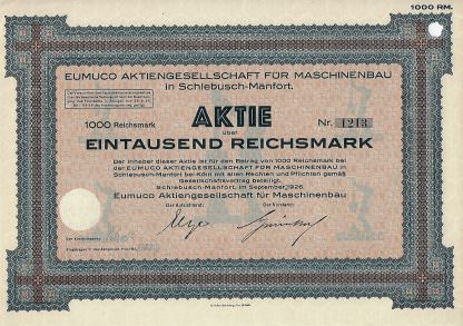 EUMUCO Aktiengesellschaft für Maschinenbau in Schlebusch-Manfort, 1926