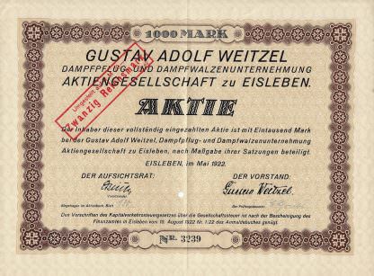 Gustav Adolf Weitzel Dampfpflug- und Dampfwalzenunternehmung AG zu Eisleben