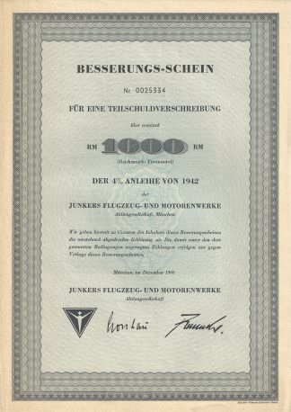 Junkers Flugzeug- und Motorenwerke -Besserungs-Schein- 1942 - Ausgabe Dezember 1960