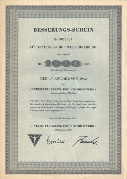 Junkers Flugzeug- und Motorenwerke -Besserungs-Schein- 1942 - Ausgabe Dezember 1960