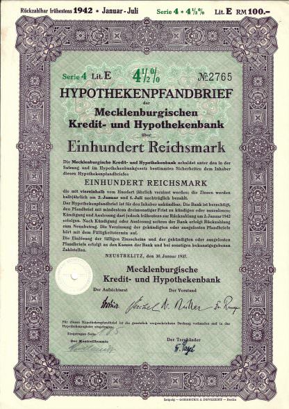 4,5% Hypothekenpfandbrief der Mecklenburgischen Kredit- und Hypothekenbank, 1930