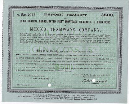 Mexico Tramways Company, 1926 - Deposit Receipt