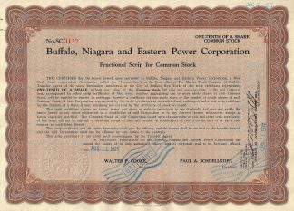 Buffalo, Niagara and Eastern Power Company, Fractional Scrip, 1925