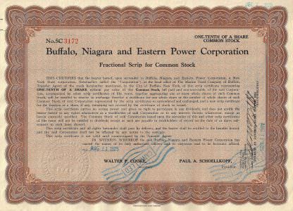 Buffalo, Niagara and Eastern Power Company, Fractional Scrip, 1925
