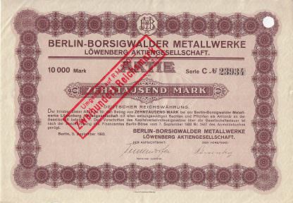 Berlin-Borsigwalder Metallwerke Löwenberg Aktiengesellschaft, 1923