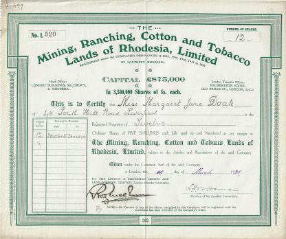 The Mining, Ranching, Cotton and Tobacco Lands of Rhodesia, Limited (1931)