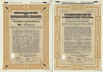 Ablösungsanleihe der Stadtgemeinde Chemnitz, Buchstabe D, Schuldverschreibung - 1929