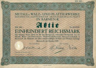 Metall-, Walz- und Plattierwerke Hindrichs-Auffermann Aktien-Gesellschaft in Barmen-R., 1929