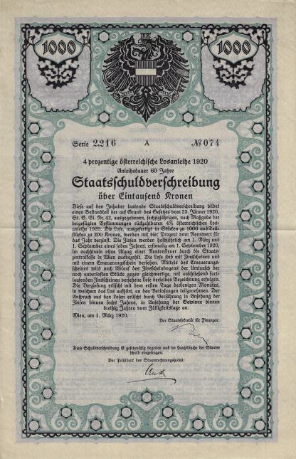 Österreichische Losanleihe 1920, Staatsschuldverschreibung
