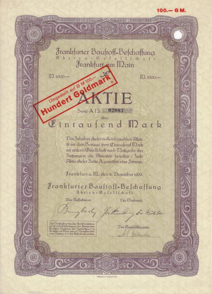Frankfurter Baustoff-Beschaffung Aktien-Gesellschaft Frankfurt am Main - 1922 (Gründeraktie)