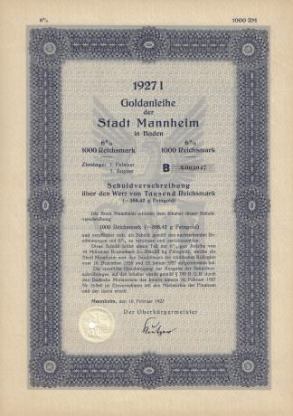 Goldanleihe der Stadt Mannheim in Baden, 1927