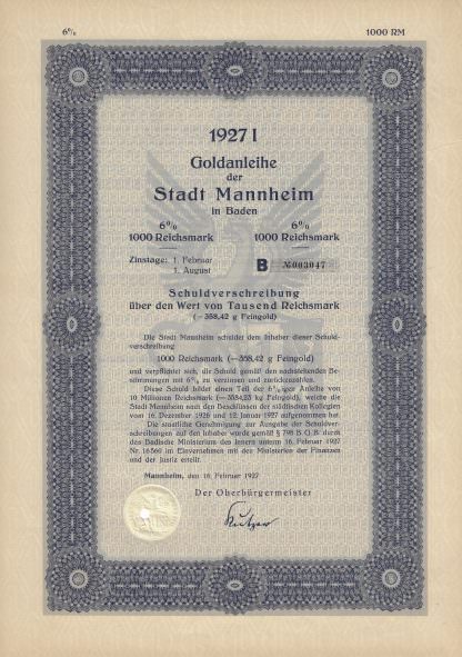 Goldanleihe der Stadt Mannheim in Baden, 1927