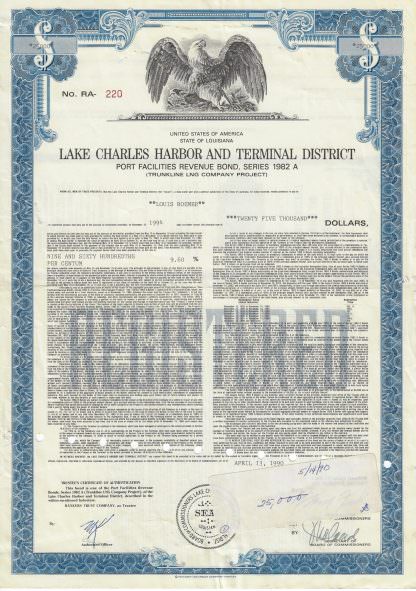 Lake Charles Harbor and Terminal District Port Facilities Revenue Bond, Series 1982 A, 1980er Jahre